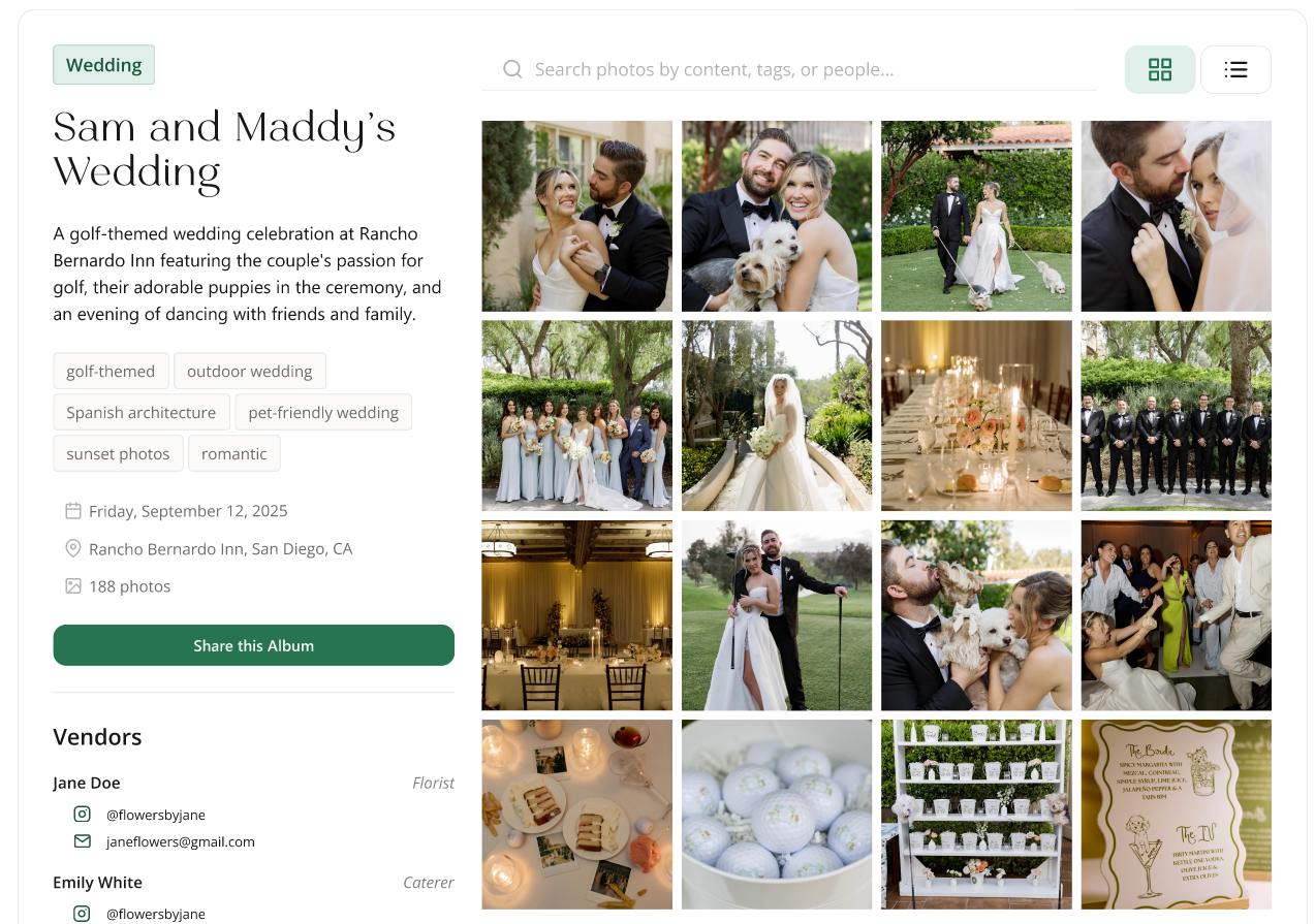 an image of Social Valet's interface, showing the album uploaded with pictures and details about the album (title, short description, date, location, number of photos, and vendors)